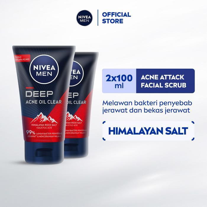 (PAKET HEMAT ISI 2) NIVEA MEN Facial Foam Deep Acne Oil Clear Face Scrub 100ml - Sabun cuci muka