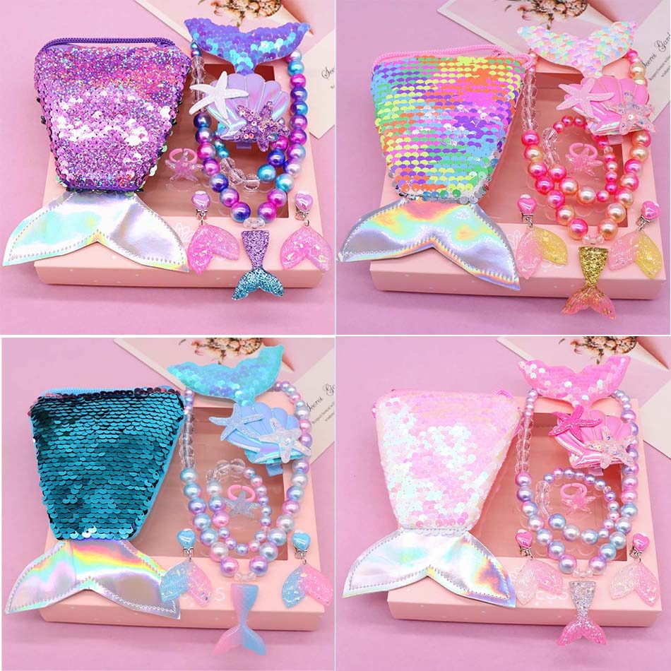 Baby Girls Beads Necklace Set Mermaid Tail Pendant Child Kids Adjustable Lovely Necklce Charm Chunky