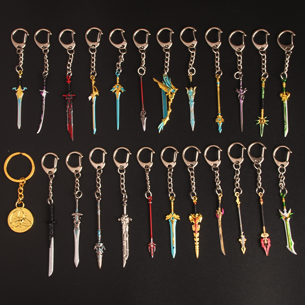 21Pcs/Lot Genshin Impact Sword Keychain Cosplay Zhongli Venti Weapon Skyward Blade Metal Pendant