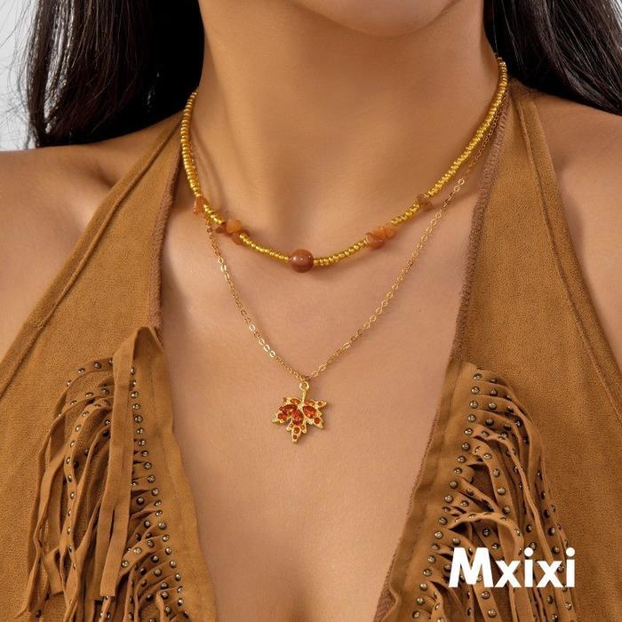 [Mxixi] Kalung Ganda Gaya Retro Antena Daun Maple Berhias Kristal dengan Manik-manik Kecil & Batu