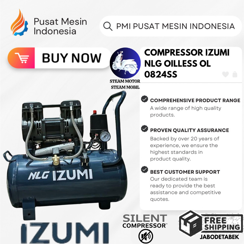 COMPRESSOR IZUMI NLG OILLESS OL 0824SS/ KOMPRESOR 220V/ KOMPRESOR 1 PHASE/ KOMPRESOR STEAM MOTOR/ KO
