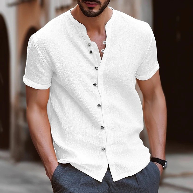 2025 Summer Fashion Men'S Shirt Retro Button Cotton Hemp Casual Slim Solid Color Short-Sleeved