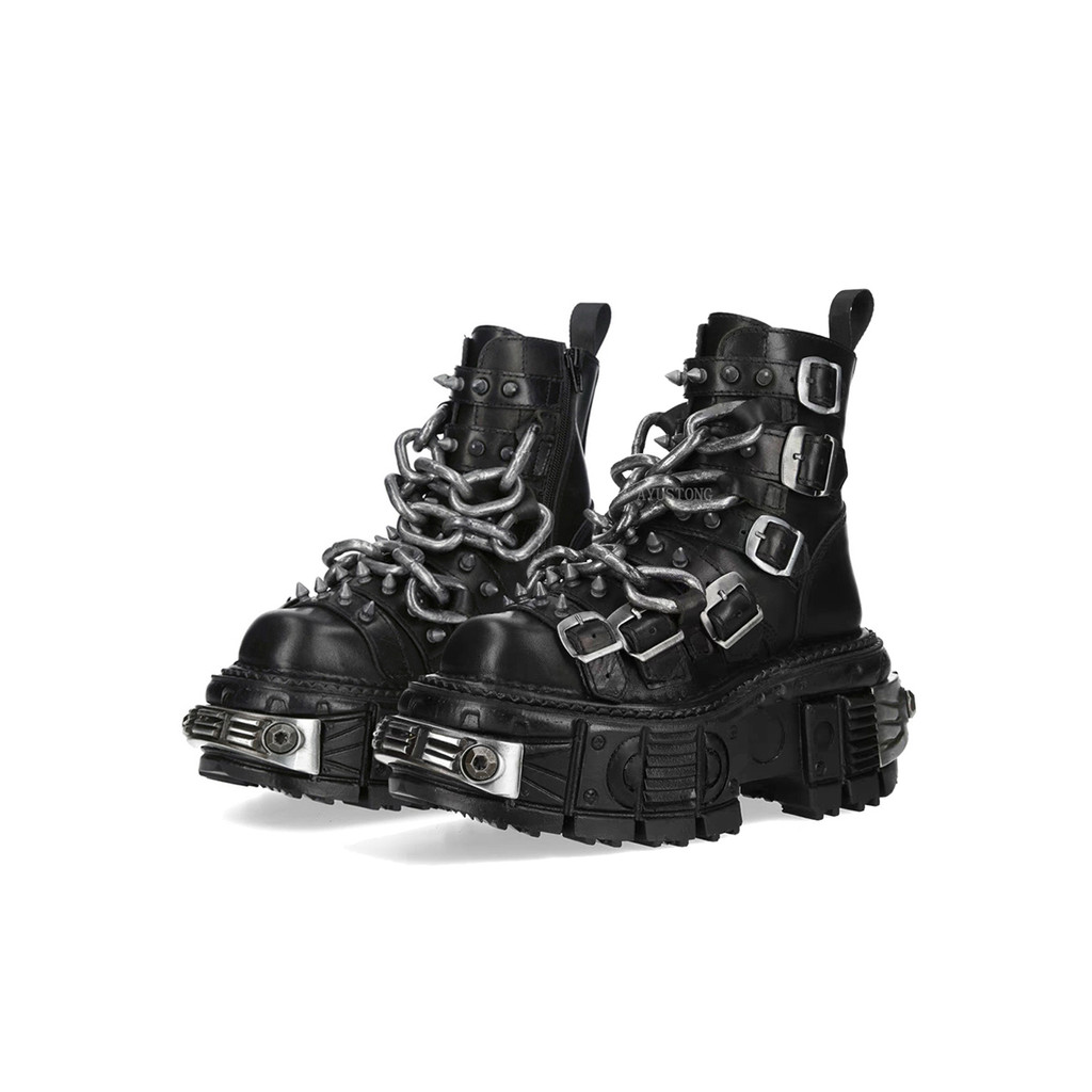 Gothic Platform Ankle Boots Spanish Rock Punk Chunky Heel Motorcycle Boots With Chains Streetwear