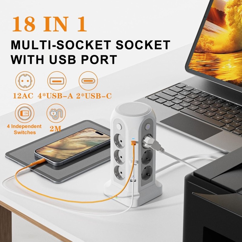 MULTIFUNCTIONAL POWER TOWER SOCKET12 AC 4 USB A 2 USB C PORTS INDEPENDENT CONTROL SWITCH DESIGN USB