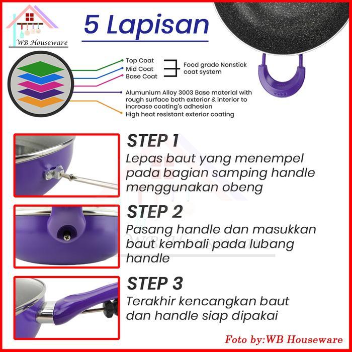 Panci Penggorengan / Wok Tutup Kaca 32Cm / Japanese Wok / Alat Wok Pan Marble 32Cm Panacook - Ungu