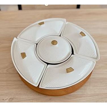 Prasmanan Putar Wadah Saji Keramik set mangkuk dengan nampan kayu serving tray