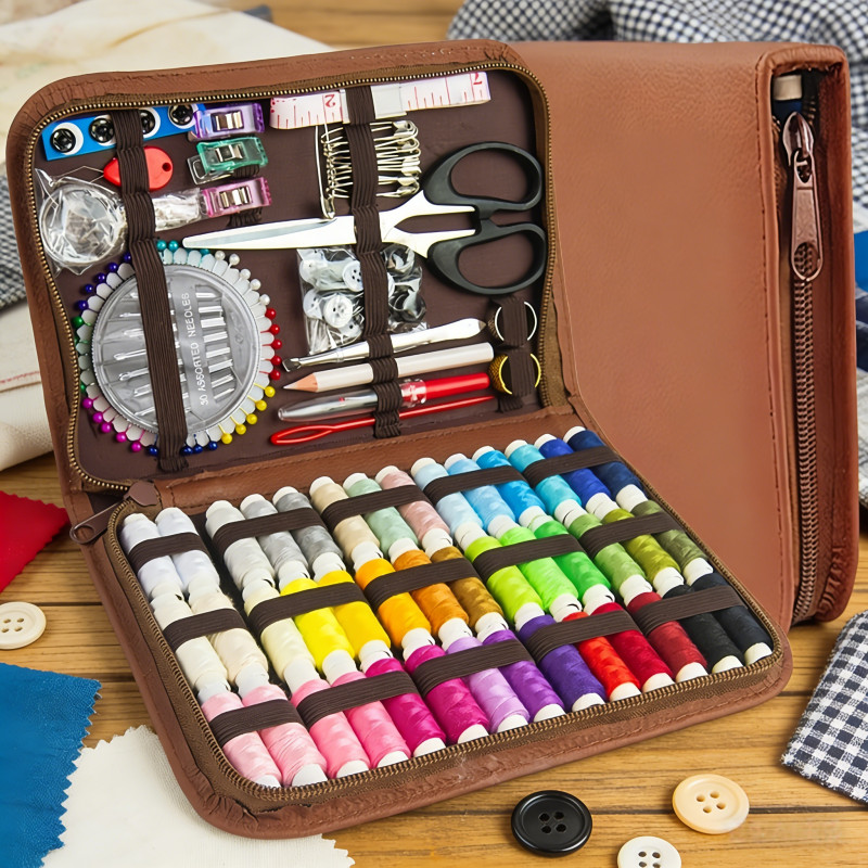 170 piece brown rectangular sewing kit, printed pattern home sewing set, portable travel sewing set,