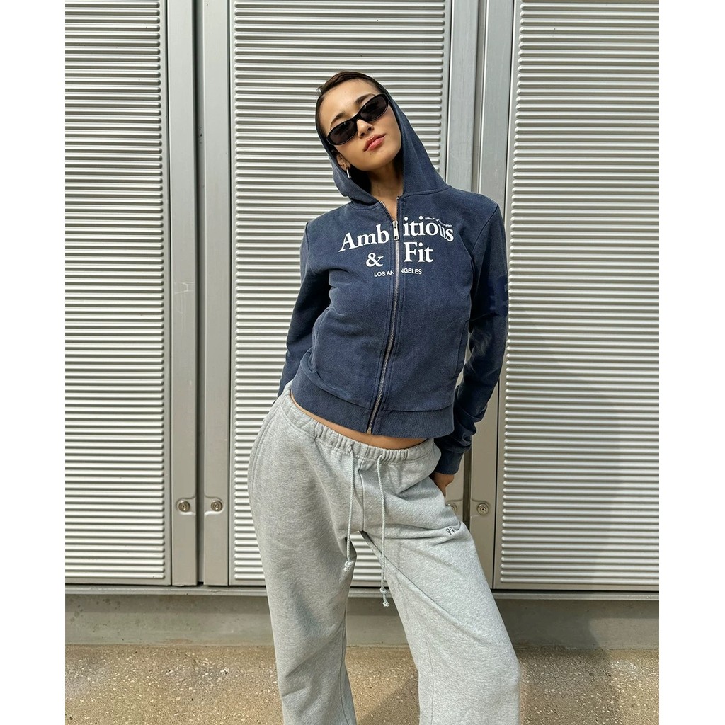 Jennie's urban blue distressed washed water zipper sweatshirt hoodie slim fit short top jacket