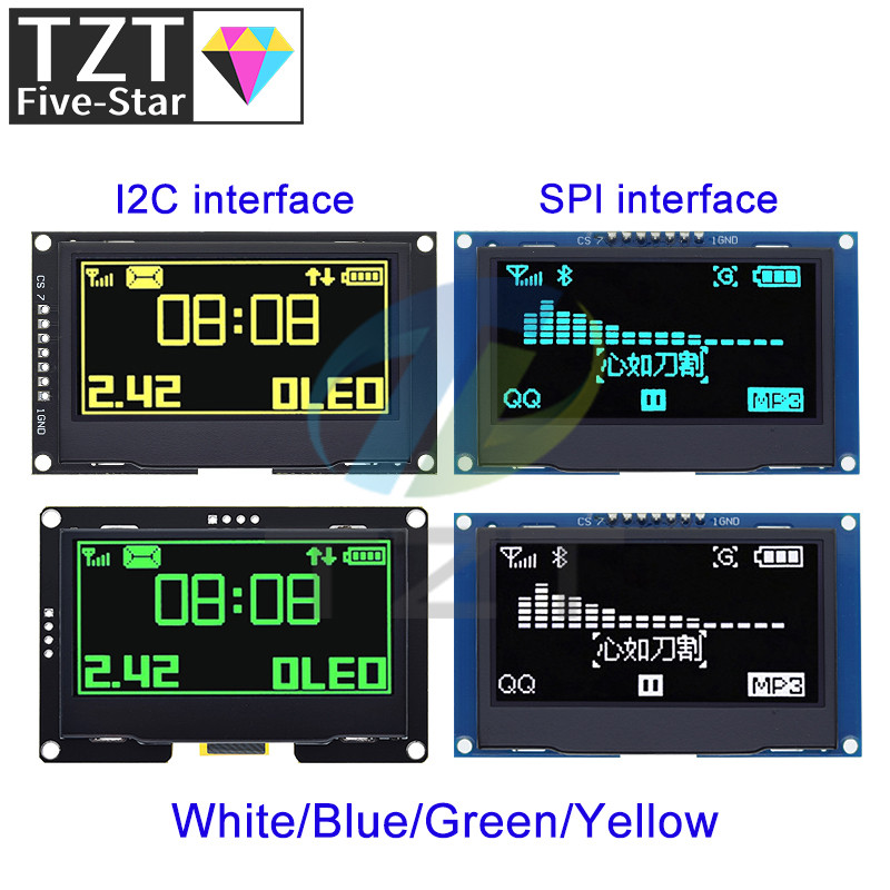 Tzt 2.42" 2.42 Inch Lcd Screen White Yellow 128X64 Oled Display Module Iic I2C Spi Serial For C51