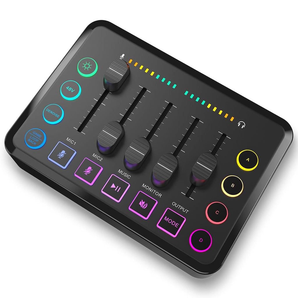 Gaming Audio Mixer,Rechargeable Audio Interface RGB Mixer with XLR Microphone Interface,48V Phantom