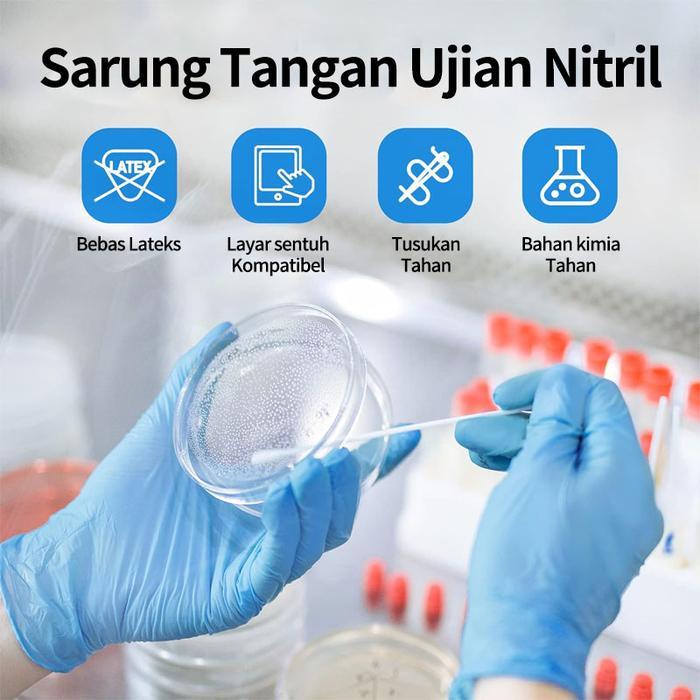 "New" Sarung Tangan Lateks 100% ASLI Bebas Serbuk Karet Nitril 100pcs Elastis Nyaman Melindungi
