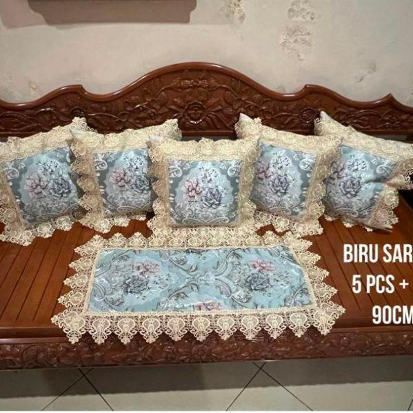 Satu Set Sarung Bantal Sofa 5 Pcs Sarung Bantal + 1 Taplak Meja Tamu Renda Import Mewah Elegant