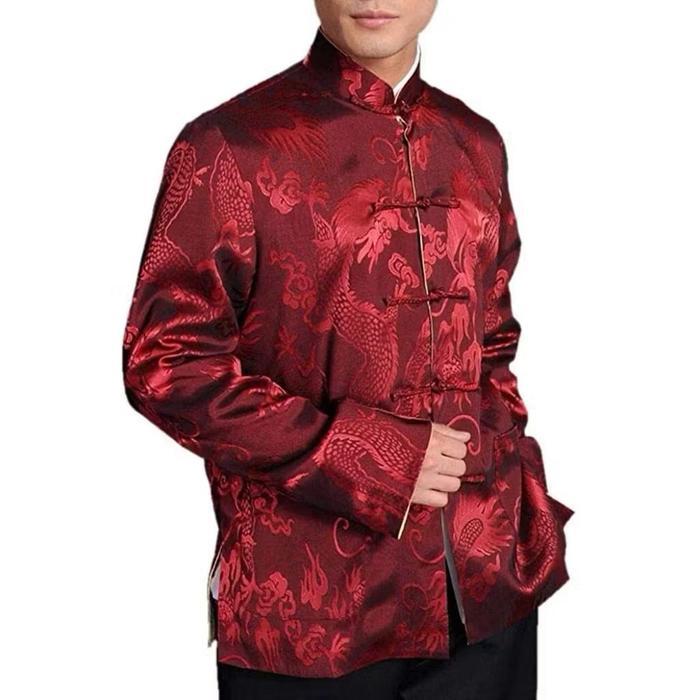 Chinese New Year Sale Baju Cheongsam Lengan Panjang Kemeja Formal Pria Motif Naga