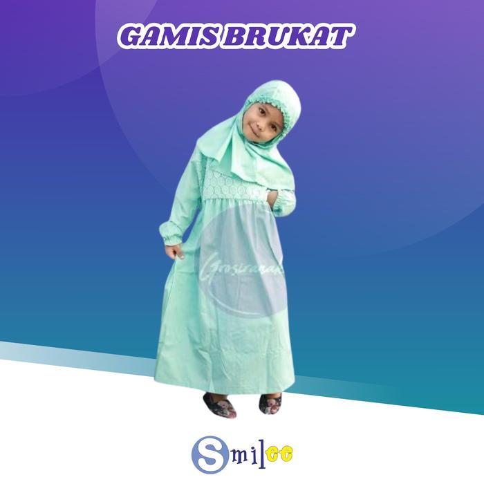 GAMIS KERUDUNG ANAK APLIKASI BRUKAT HIJAU SIZE 1-6 TAHUN BAJU KATUN MUSLIM SYARI BAJU ANAK GAMIS