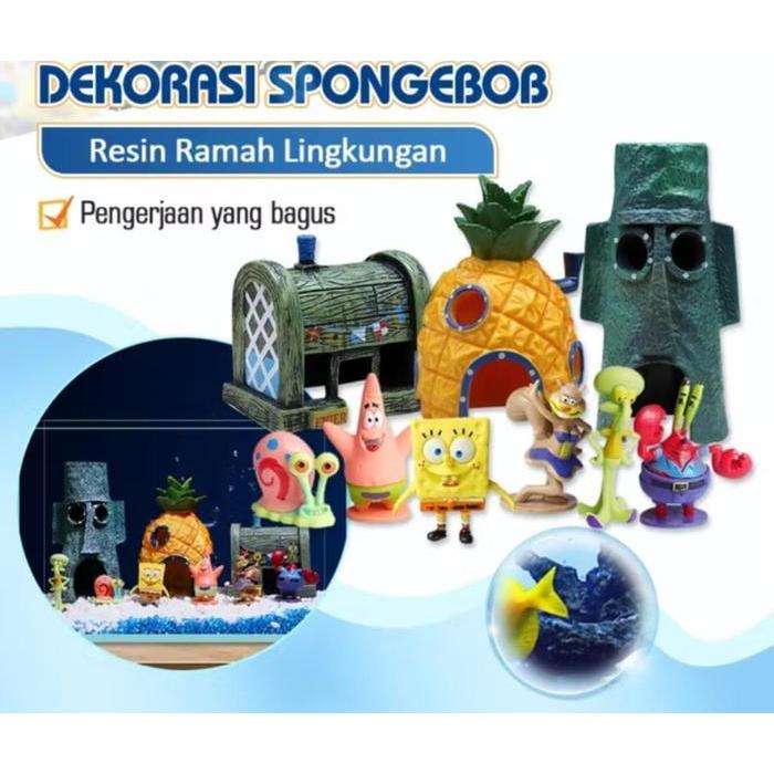 Hiasan Aquarium Spongebob Ornamen Resin Miniatur Figure Spongebob Rumah Nanas Krusty Krab Akuarium