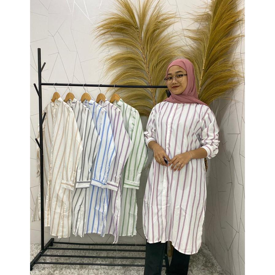 Keishop- Delysia Long Tunik Stripe Katun Muslim Wanita Panjang