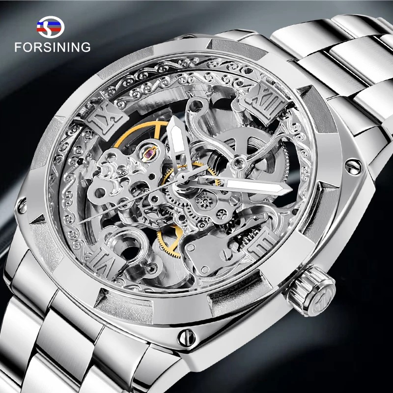 Forsining Stainless Steel Waterproof Automatic Watch Men Skeleton Watch Silver Mechanical Mens
