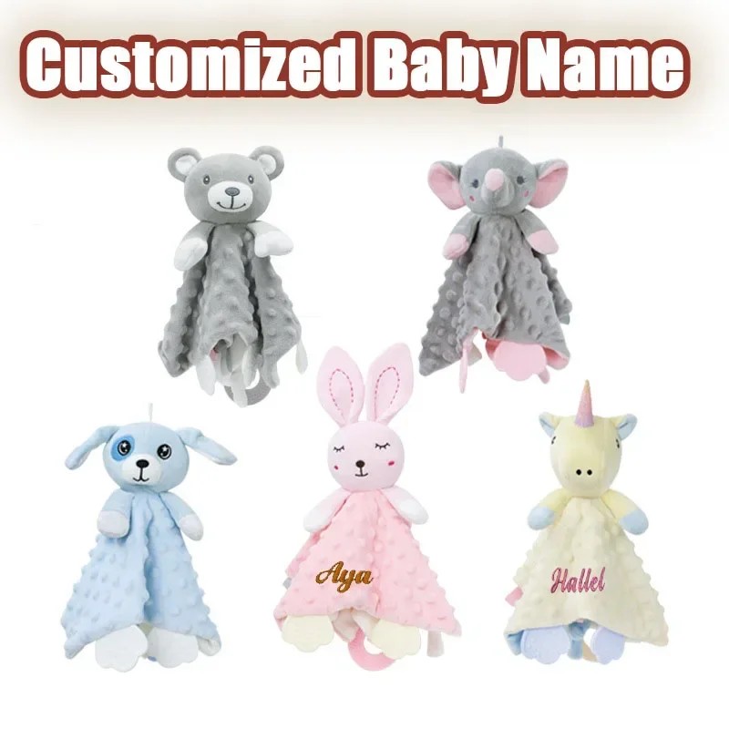 Personalized Baby Security Blanket Teether Plush Stuffed Toy Custom Blanket Comforter Bunny Elephant