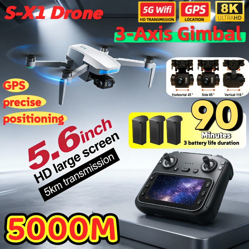 S-X1 MAX GPS Drone 3-Axis Gimbal 8K/4K HD Camera 5000m FPV Foldable Drone with LCD Remote Screen 3