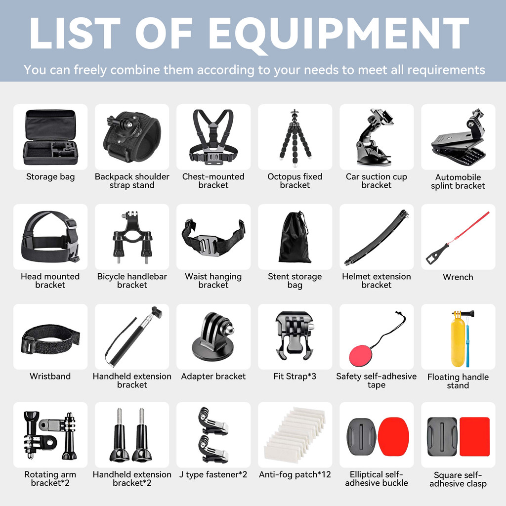 Pro 50-in-1 Adventure Kit for GoPro 13/12/11, DJI Action 5/4, Insta360 Ace - 360 Bike/Helmet/Chest