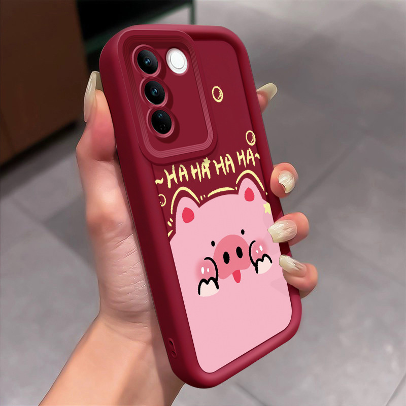 Casing Hp untuk VIVO V27 5G V27 Pro 5G Case Babi merah muda Kasing silikon  Cesing tekstur lembut Ke