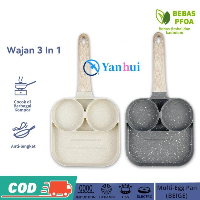 Yanhui Wajan 3 Sekat Anti Lengket Egg Frying Pan 3 sekat Wajan Teflon Telur Aluminum Die Casting