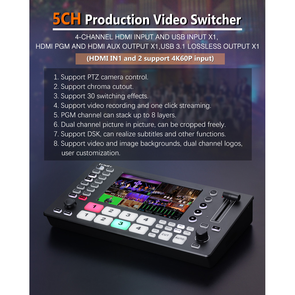 FoMaKo 4K HDMI Video Mixer Switcher, 5.5 Inch FHD LCD Screen, 5-Channel Live Streaming Switcher, 4K