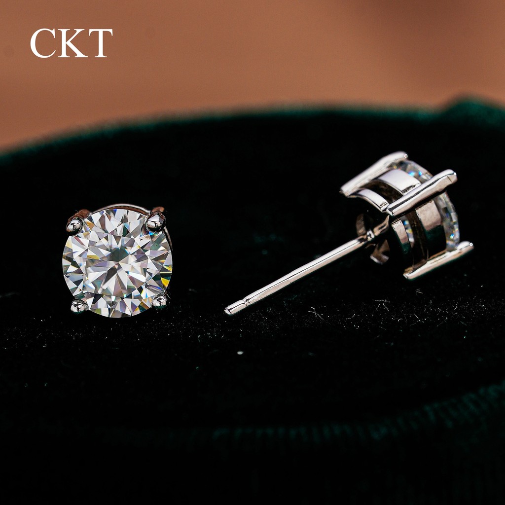 CKT 18k White Gold Earplug Stud Earrings Women Wedding 1CT Moissanite Diamond Girl Platinum PT950