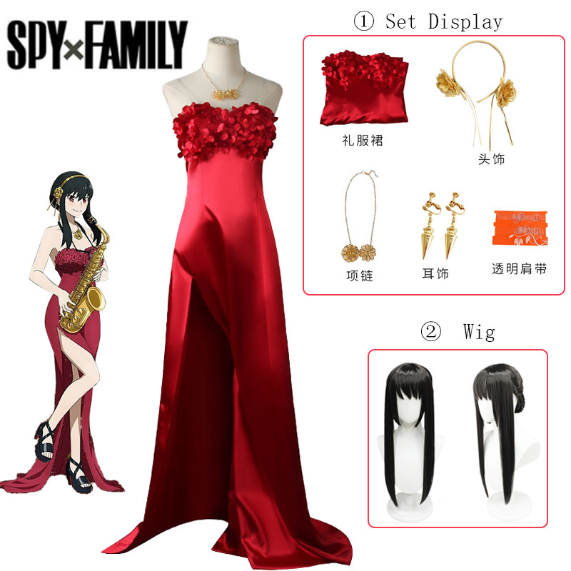 Anime Spy Family Yor Forger Cosplay Red Gown Costume Wig Daily Wear Costume Party Dress Cosplay Fena