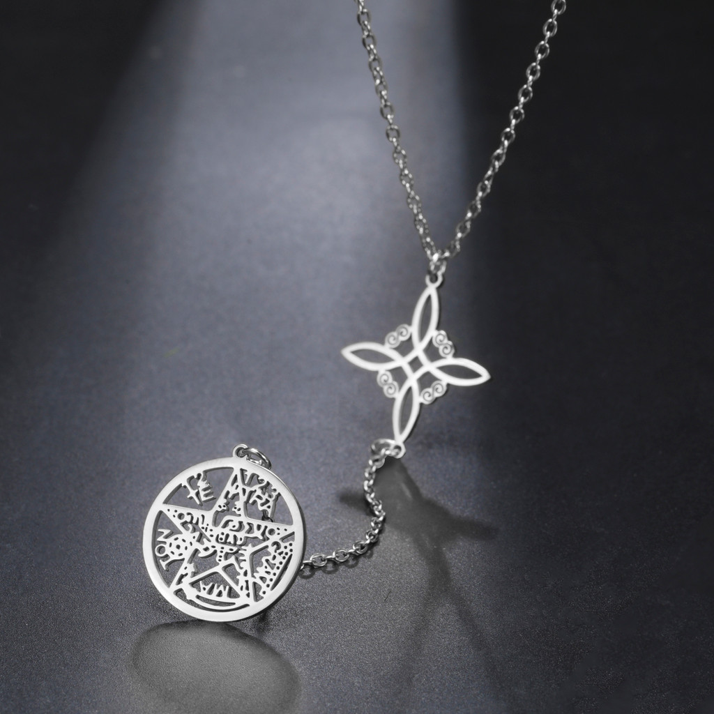 Double Amulet Protection Necklace Witch Knot Pentagram Tetragrammaton Stainless Steel Protection