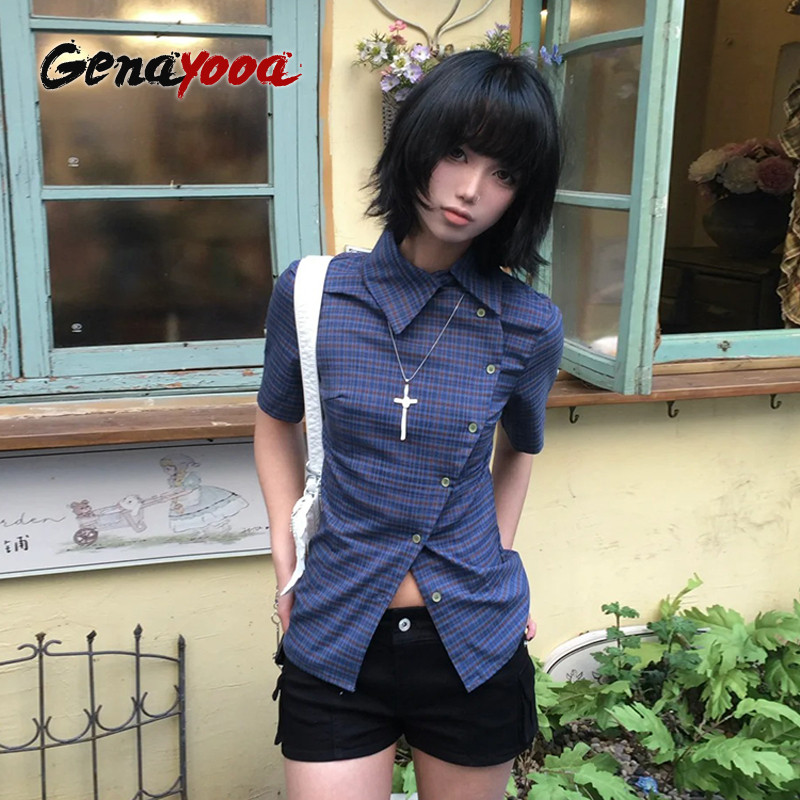 Genayooa Vintage Plaid Casual Shirt Women Short Sleeve Y2K Tops Japanese 2000S Summer Shirt