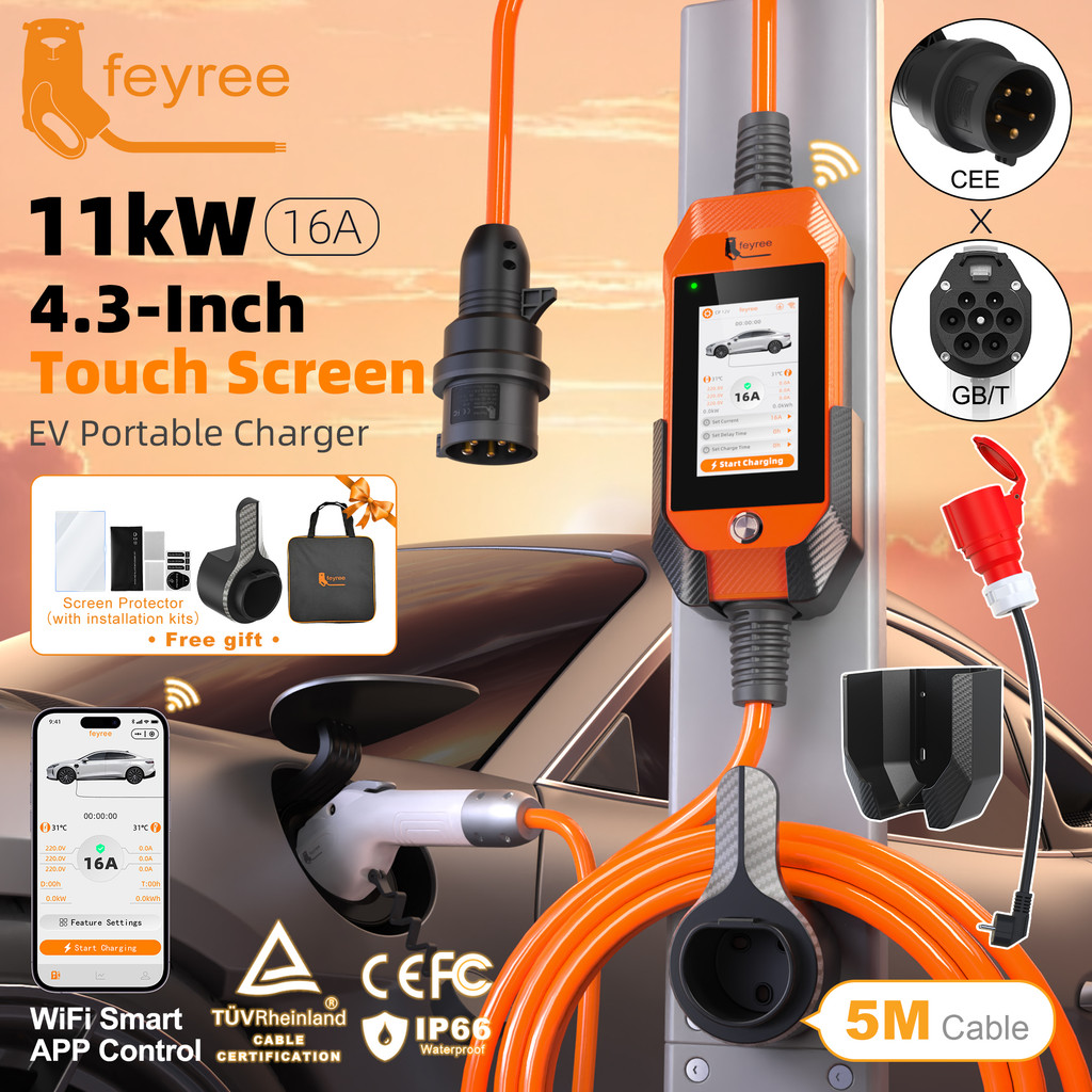 PROMO HARI INI  feyree 11kW 16A 3P Portable EV Charger GB/T Plug 4.3" Touchscreen & Charge History W