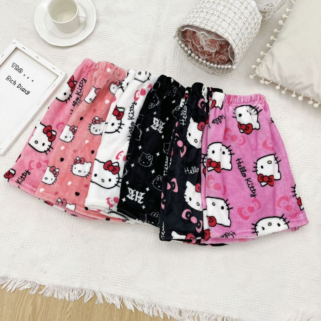 SANRIO HELLO KITTY ANIME Y2K KAWAII FLANNEL PAJAMAS WOMEN'S WARM WOOLEN CARTOON CASUAL HOME PANTS