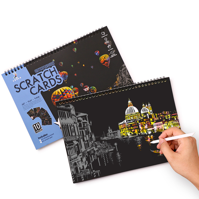 Magic Scratch Art Book with Stylus 10 Sheets World Landmarks Night City Painting Toy Stress Relief