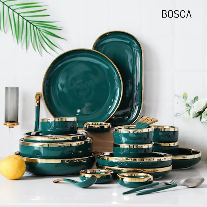 Bosca Living - Set Piring Makan isi 26 pcs / Piring Makan List Gold / Piring Makan Set / Set Piring