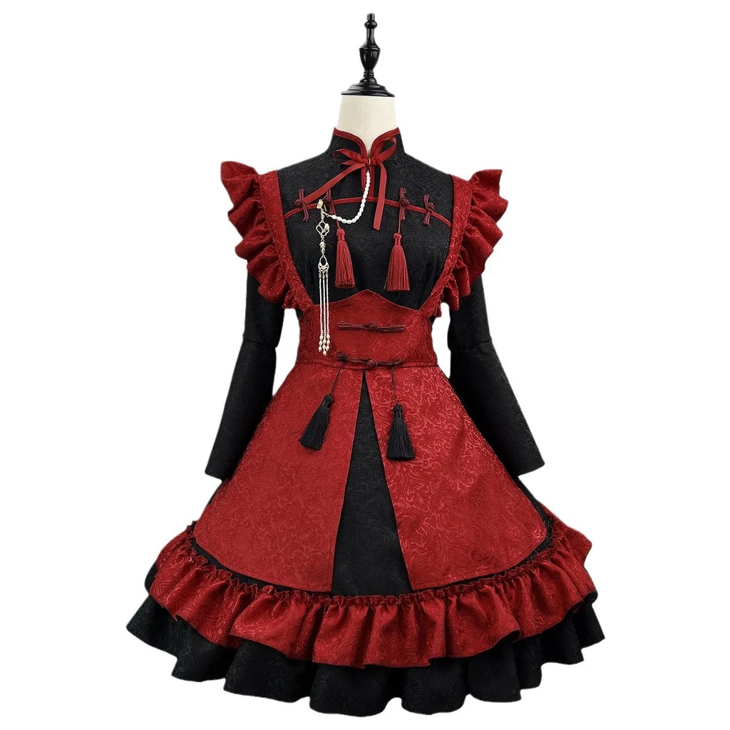 Anime Lolita Maid Dress Red Black Chinese Dress Relief Jacquard Cosplay Costume Girl Maid Dress