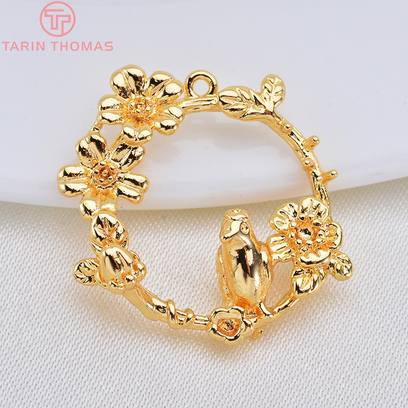 (980)6PCS 20x23MM 24K Gold Color Plated Brass Tree Branch with Birds Charms Pendants High Quality