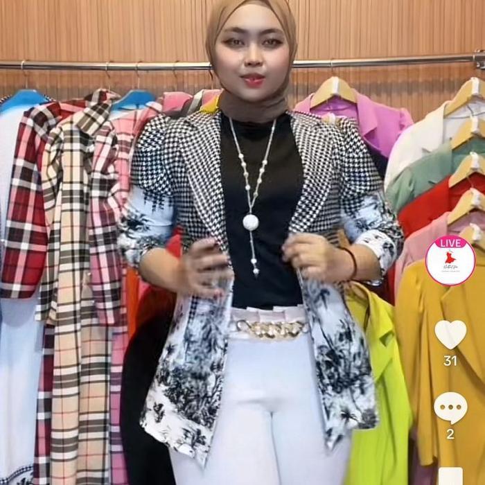 #5680, AUTER BLAZER SCUBA WANITA Motif HT flowy Atasan Baju Kancing Casual Panjang Hitam Batik Crop
