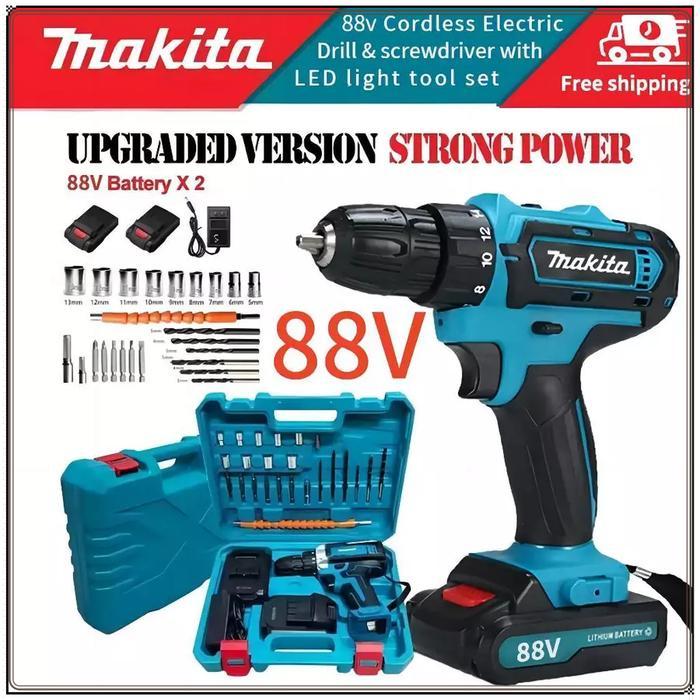 TERLARIS MAKITA 88VF Mesin bor 2baterai cas 10mm bor listrik murah bor tangan baterai besi tembok