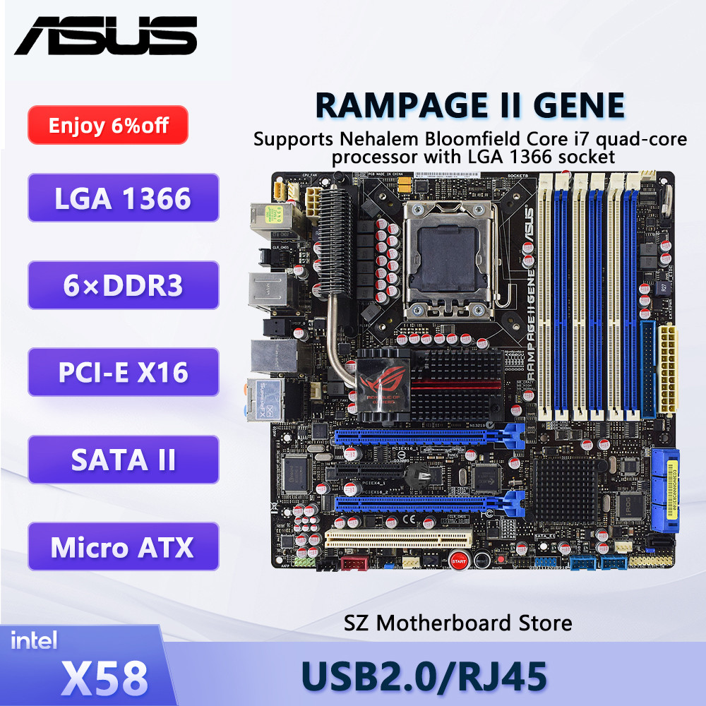 ASUS RAMPAGE II GENE LGA 1366 Motherboard Intel X58 For I7-920 I7-950 Xeon X5675 DDR3 PCI-E X1 PCI
