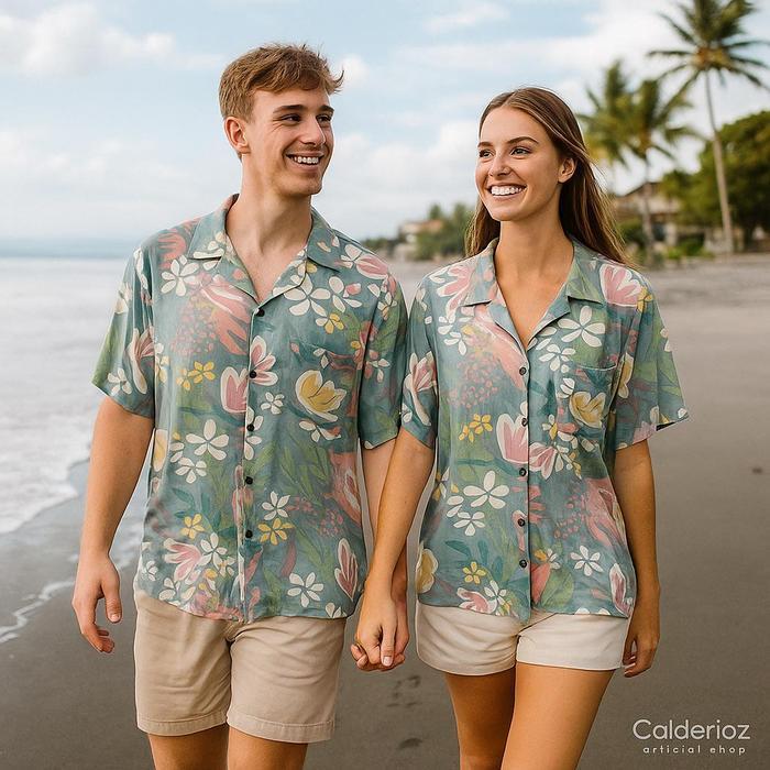ASLI Calderioz - Kemeja Couple Motif Summer Tropis Lengan Pendek Pria Wanita Outfit Liburan Santai