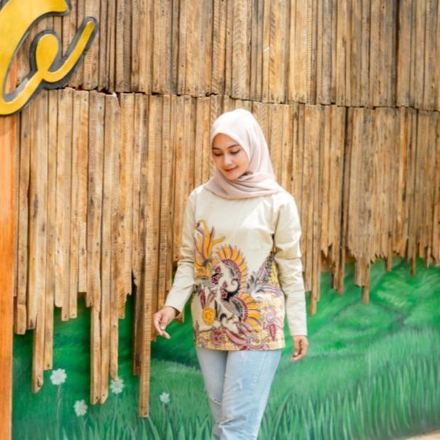 KLAMBEN Kaos Lengan Panjang Batik Dewasa Premium Peksi Kawung Coklat Susu