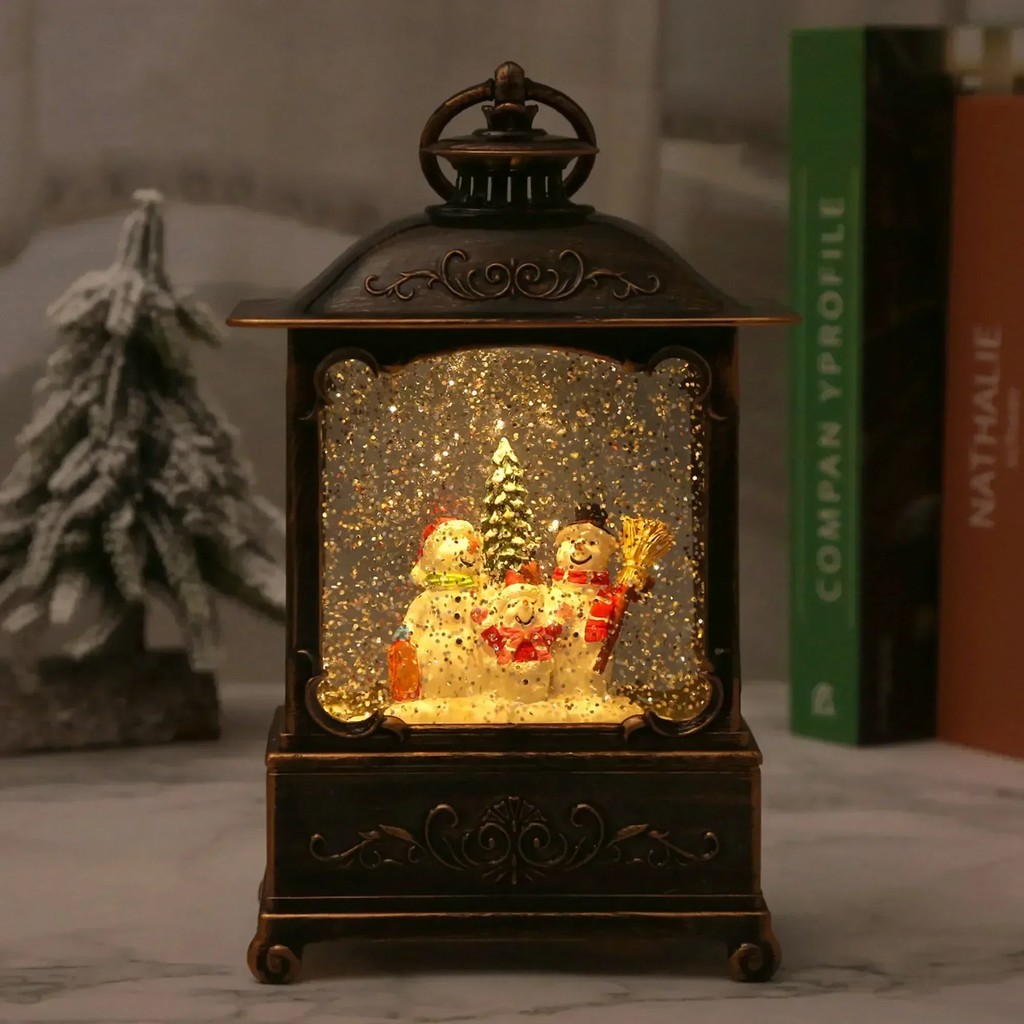 Christmas Snow Globe Lantern Music Box Swirling Glitter with Light Decorations Santa Claus Music Box