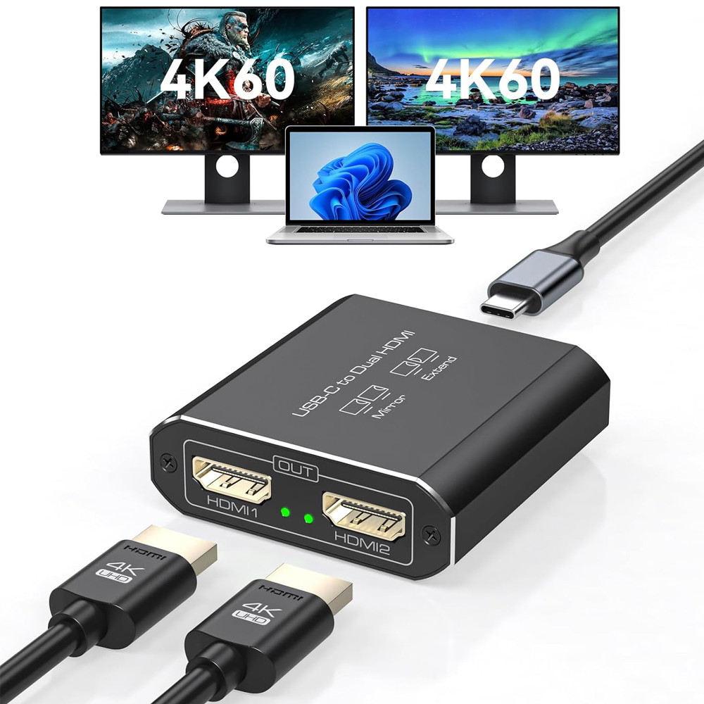 Navceker 4K 60Hz Thunderbolt 3 to Dual HDMI Adapter USB C Type C to HDMI Hub Splitter 1 In 2 Out MST
