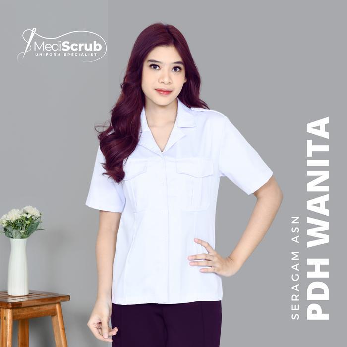 ORIGINAL Baju PDH Wanita Kerah Rever Dinas Harian ASN PNS PDH Warna Putih (Baju Saja) READY STOCK