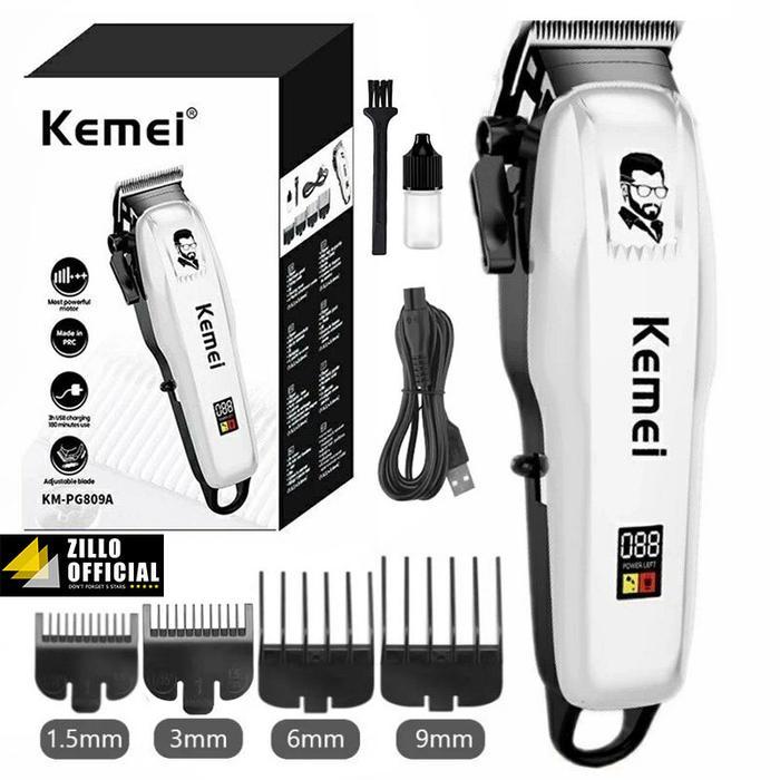 KEMEI Alat Pencukur Rambut Cas Profesional Barbershop Mesin Cukur Indikator Baterai LED Zillo