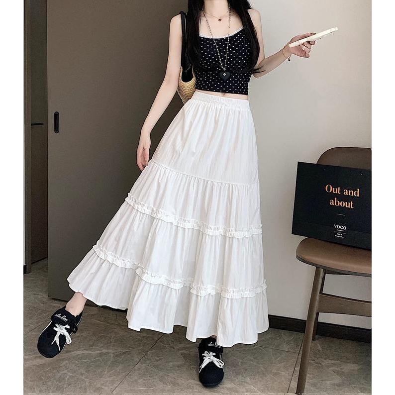 Stok Baru Rok Susun Tingkat 3 Wanita / Rok Panjang Warna Putih / Rok Muslimah Korean Style
