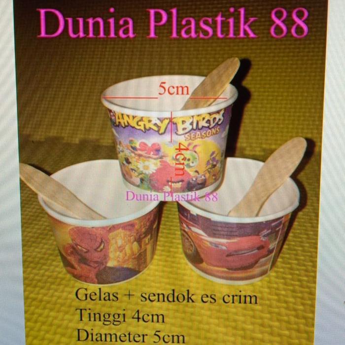 @50pc 50ml gelas kertas PAPER CUP K motif kartun + spoon sendok es ice crim cream krim TANPA TUTUP