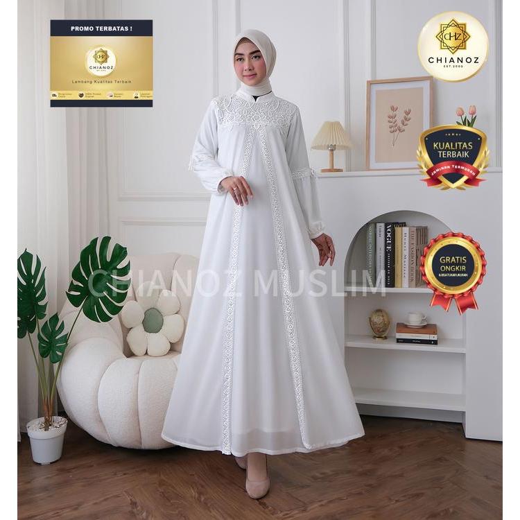 zeni CHIANOZ Gamis Putih Mewah Mariana Dress Brukat Renda Baju Lebaran Umroh Haji Maxi Syari Ceruty