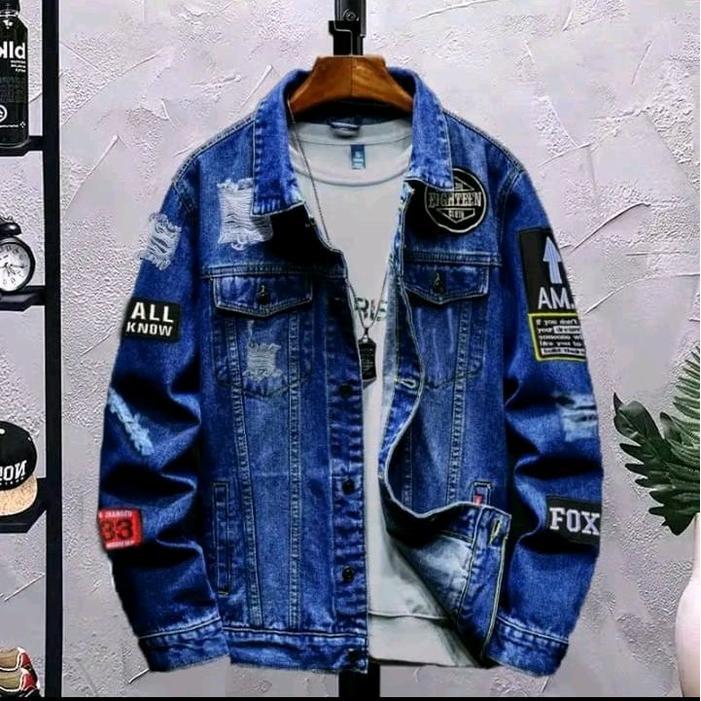 Jaket Jeans Denim biru dan putih motif Terbaru Pria Wanita Keren Casual Distro, Panjang Cowok Biru